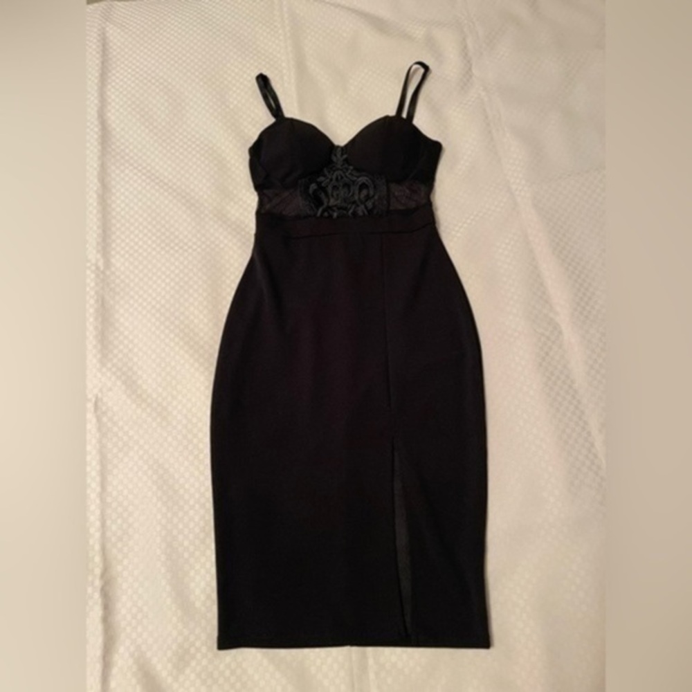 Charlotte Russe vtg strappy little black dress with mesh inset & front slit. XS